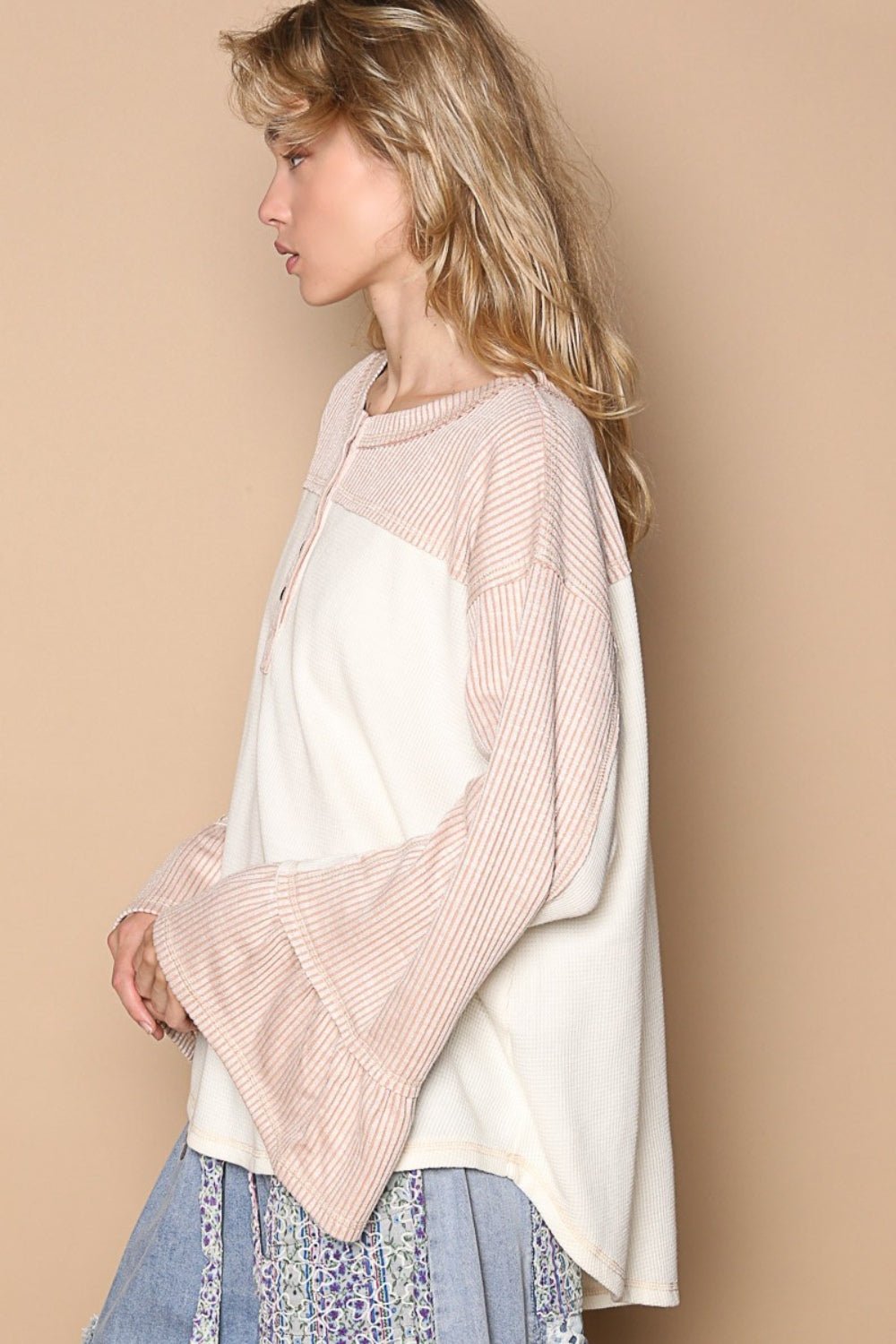 POL - Striped Flounce Sleeve Exposed Seam Top in Cream Pink