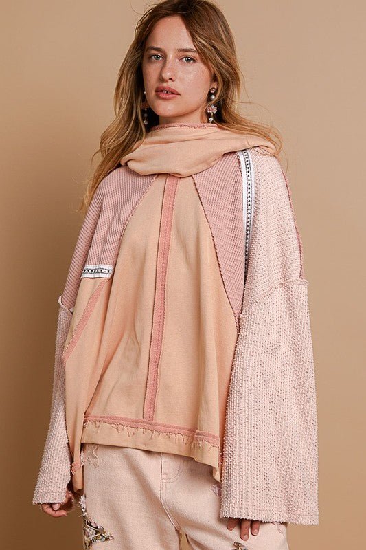 POL - Stud Trim Turtleneck Hoodie in Burnt Coral