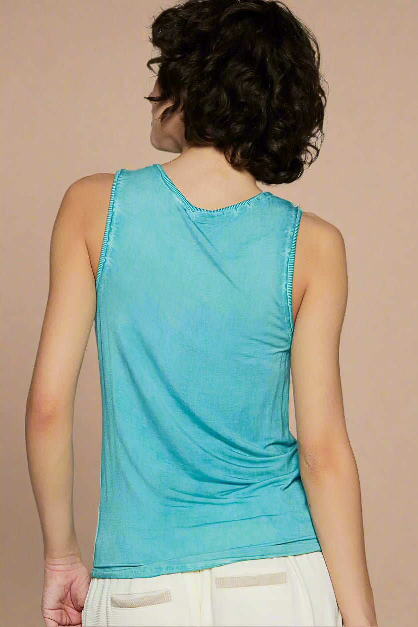 POL - Turquoise Washed Sleeveless Henley Tank Top