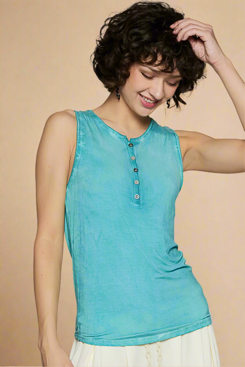 POL - Turquoise Washed Sleeveless Henley Tank Top