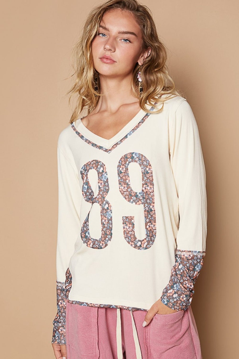 POL - V - Neck Floral Number 89 Long Sleeve T-Shirt in Butter Milk