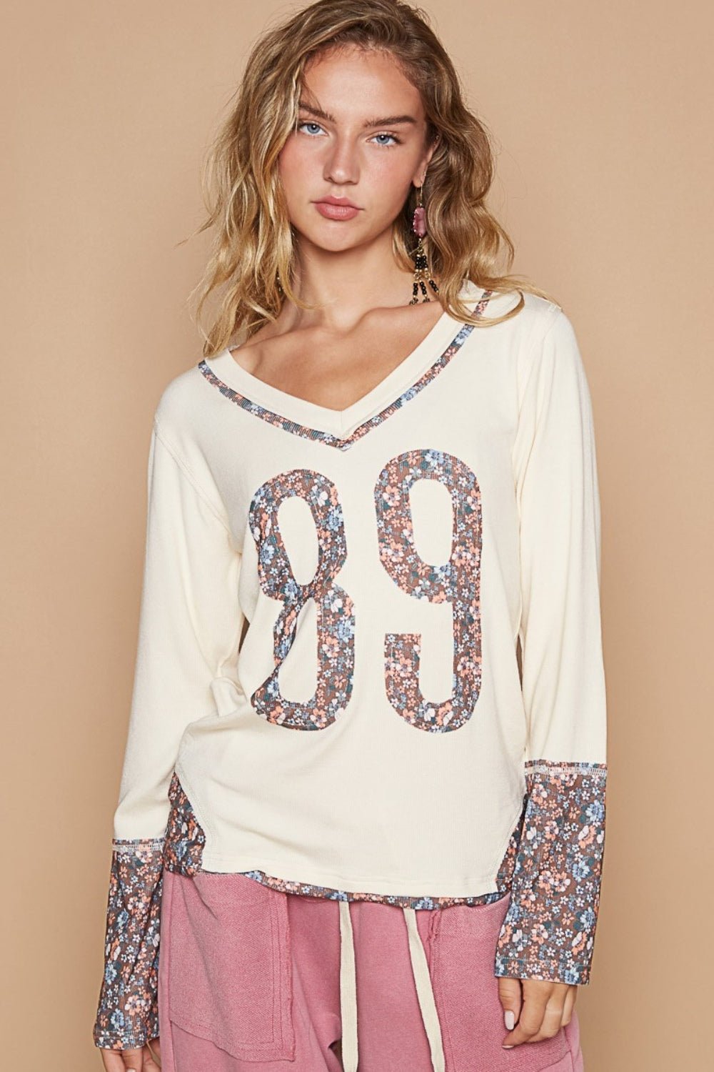 POL - V - Neck Floral Number 89 Long Sleeve T-Shirt in Butter Milk