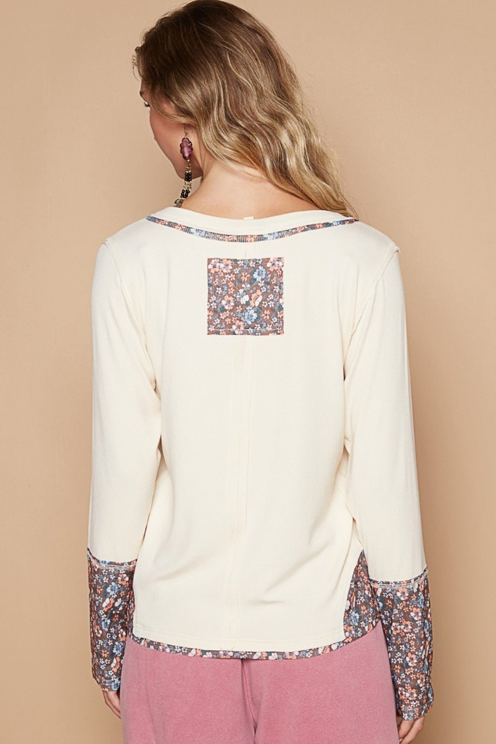 POL - V - Neck Floral Number 89 Long Sleeve T-Shirt in Butter Milk