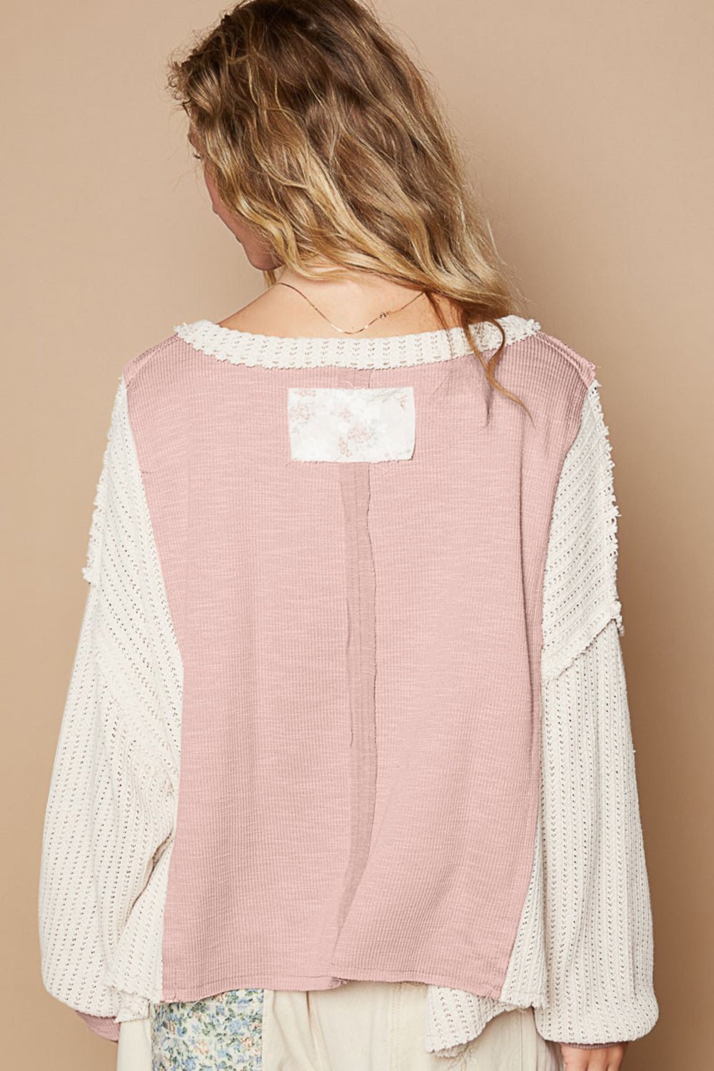 POL - V - Neck Floral Patchwork Rib Knit Top in Blush