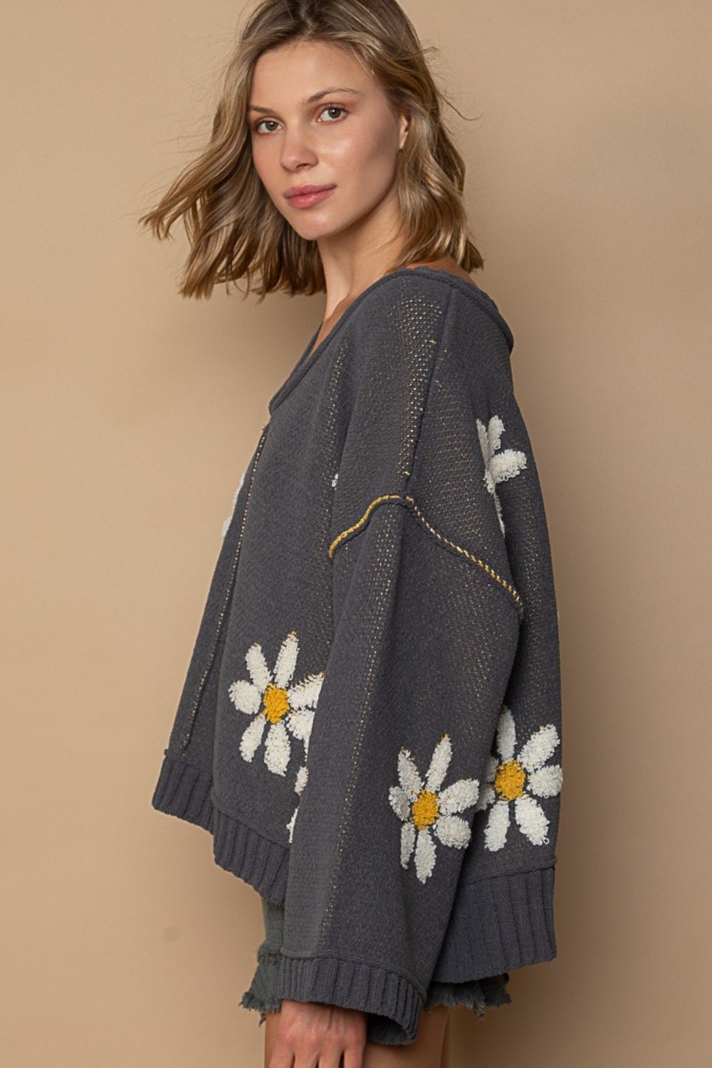 POL - V - Neck Floral Pattern Chenille Sweater in Charcoal