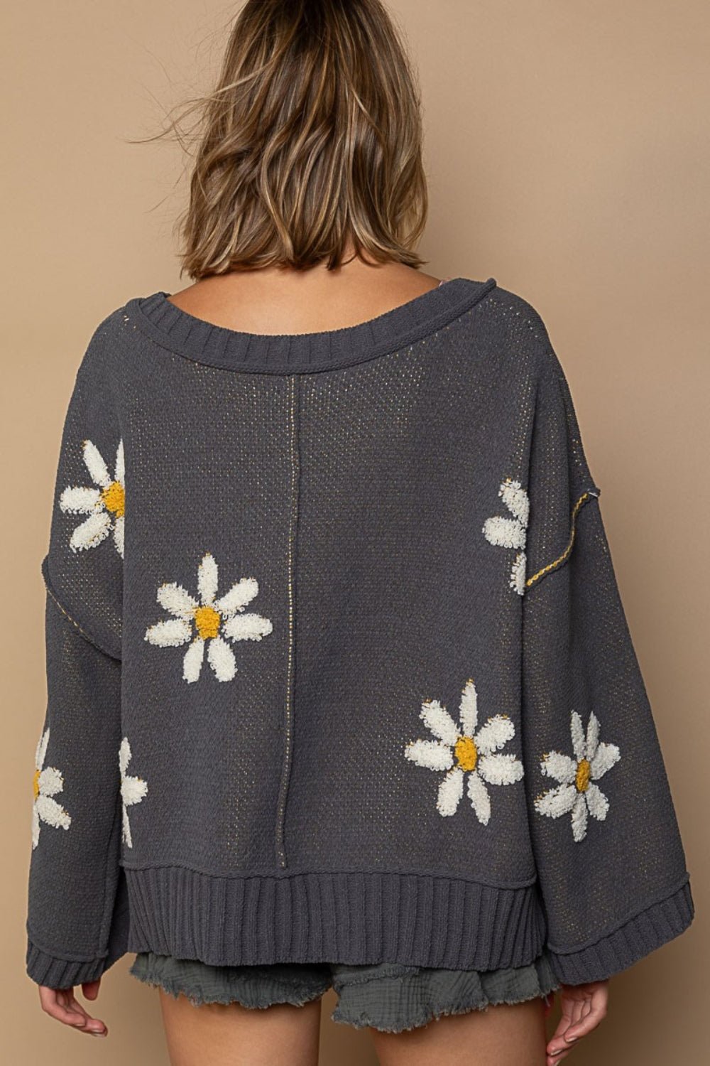 POL - V - Neck Floral Pattern Chenille Sweater in Charcoal