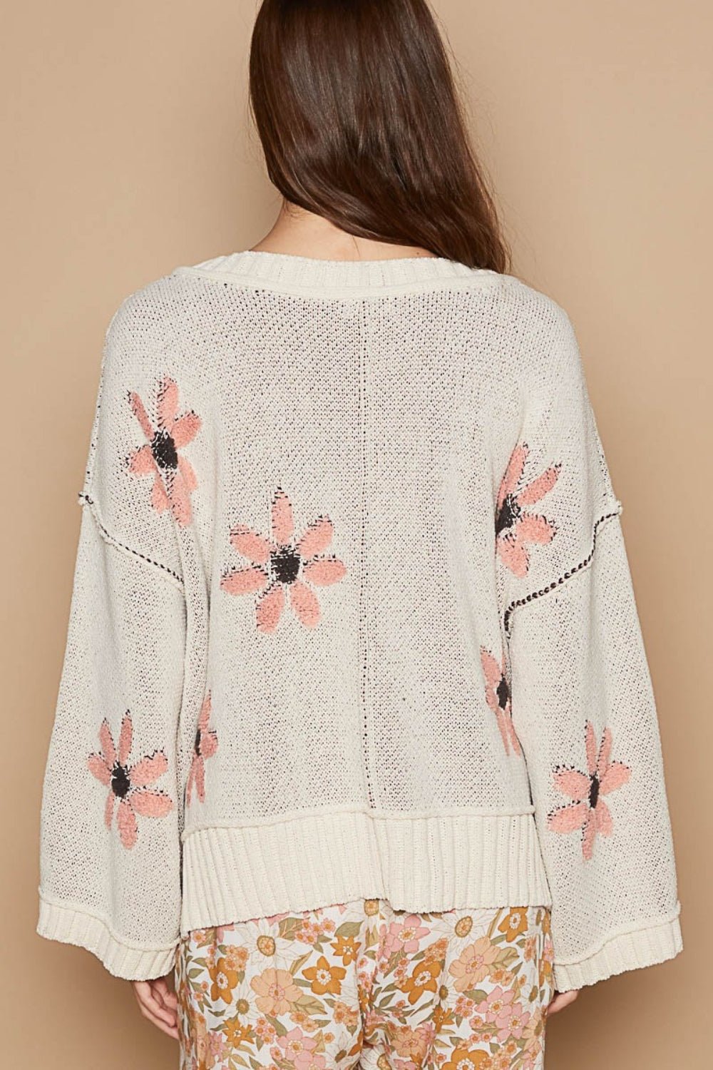 POL - V - Neck Floral Pattern Chenille Sweater in Ivory