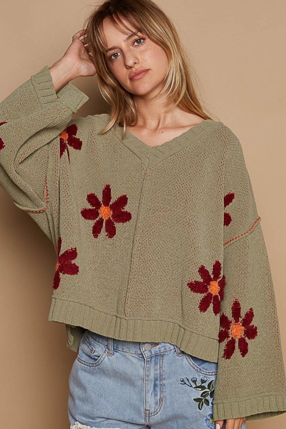 POL - V - Neck Floral Pattern Chenille Sweater in Olive