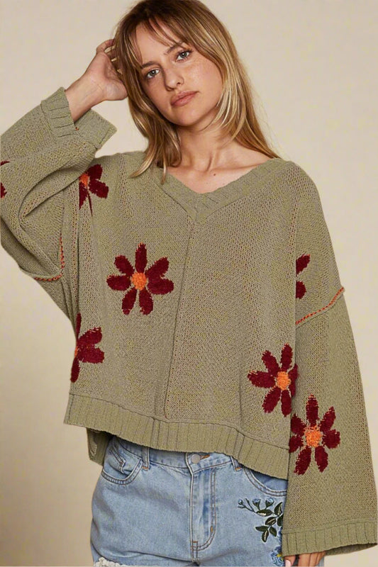 POL - V - Neck Floral Pattern Chenille Sweater in Olive