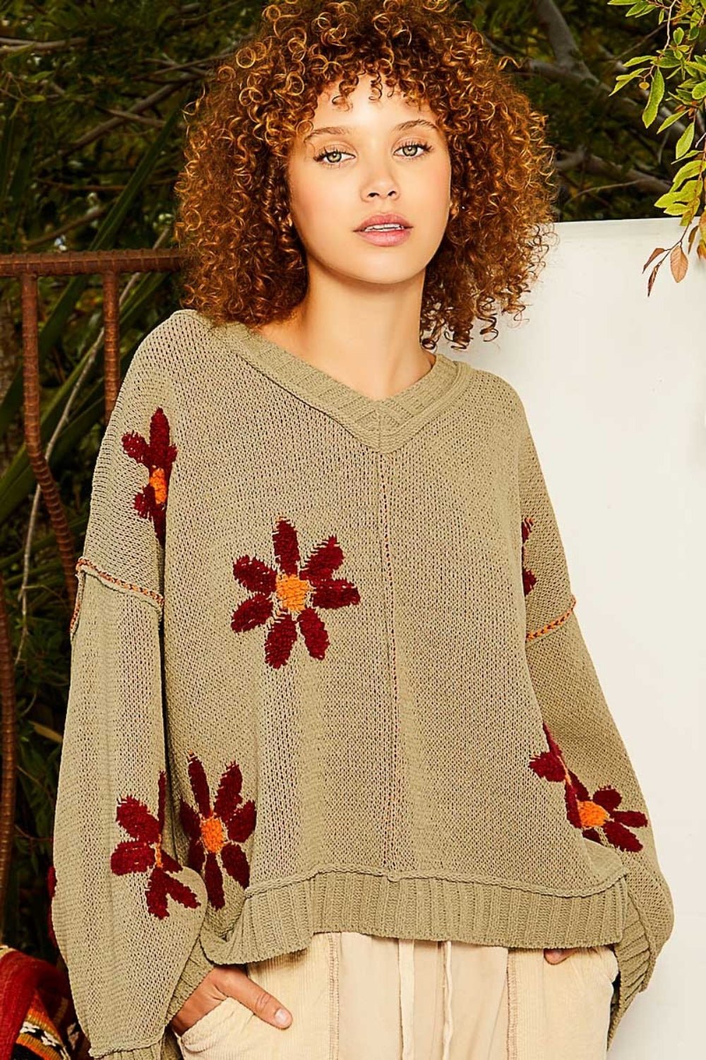 POL - V - Neck Floral Pattern Chenille Sweater in Olive