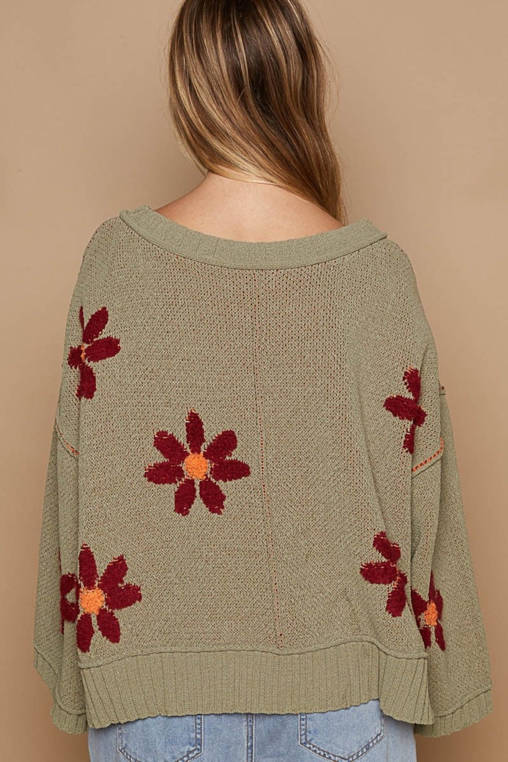 POL - V - Neck Floral Pattern Chenille Sweater in Olive