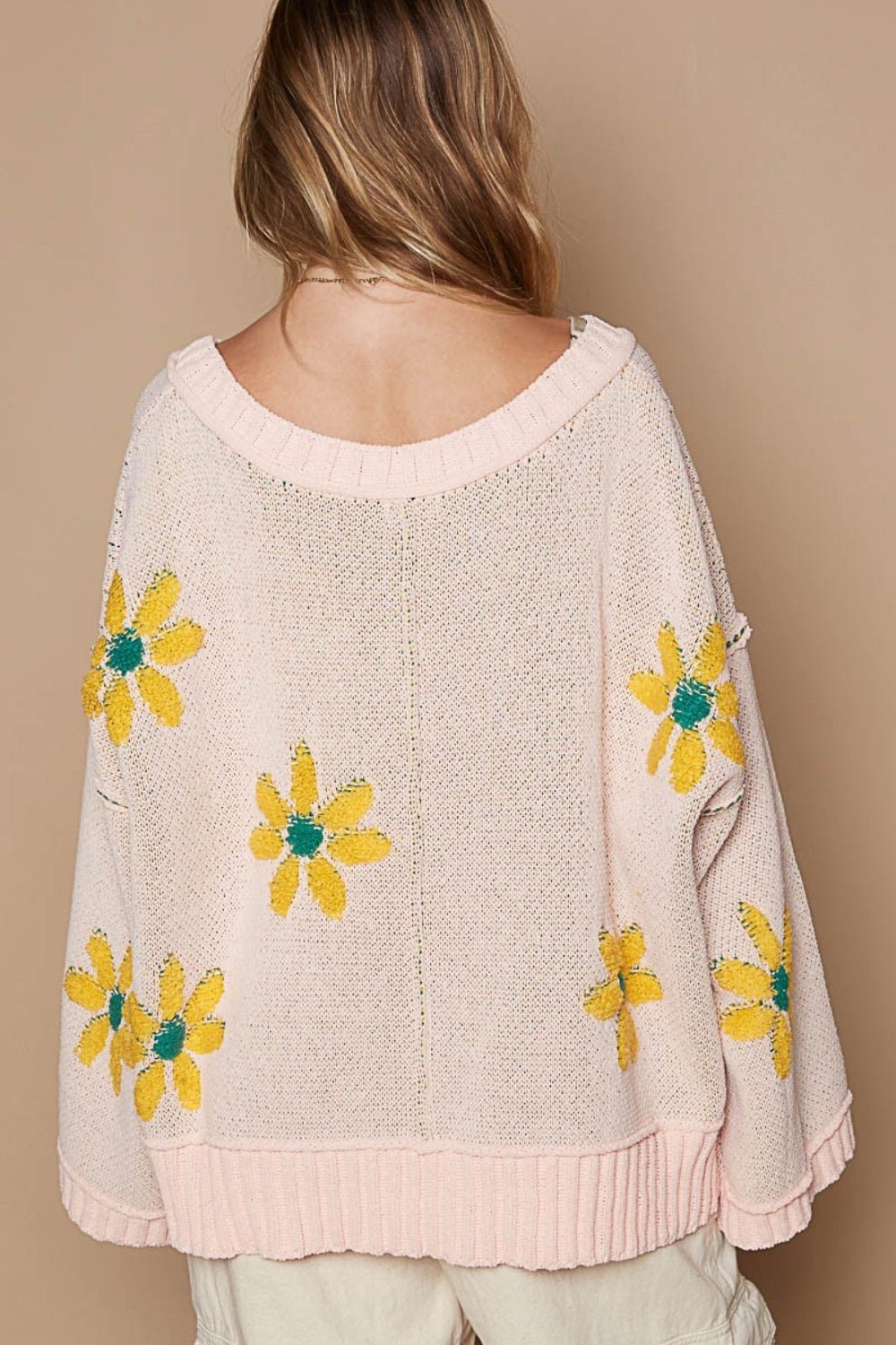 POL - V - Neck Floral Pattern Chenille Sweater in Pink Mojito