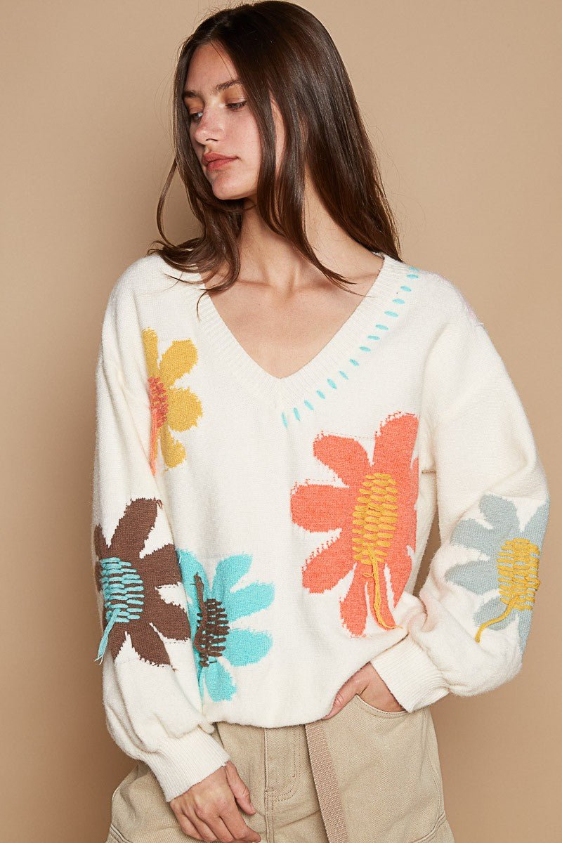 POL - V - Neck Flower Fringe Sweater in Ivory