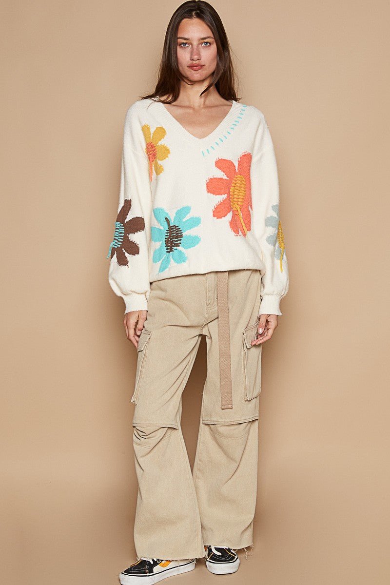 POL - V - Neck Flower Fringe Sweater in Ivory