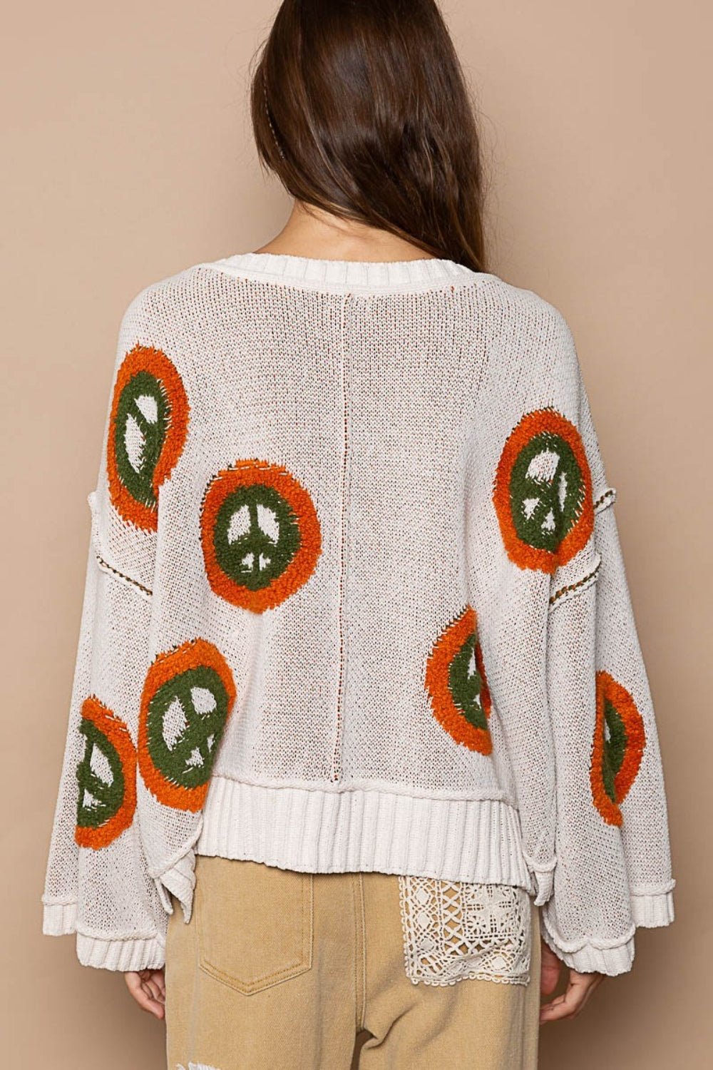 POL - V - Neck Long Sleeve Peace Sign Sweater in Cream