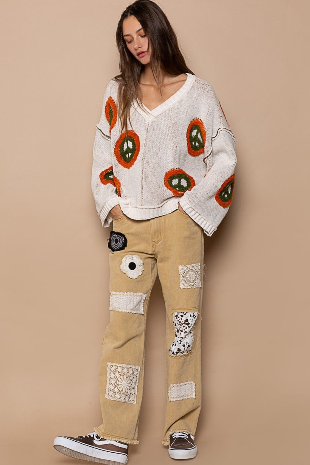 POL - V - Neck Long Sleeve Peace Sign Sweater in Cream