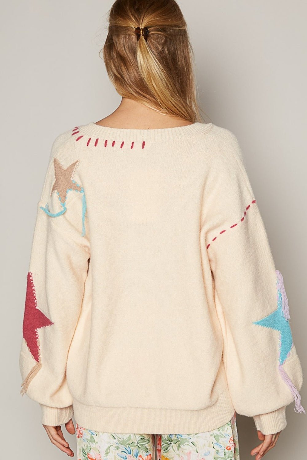 POL - V - Neck Long Sleeve Star Fringe Sweater in Pale Beige