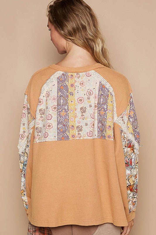 POL - Waffle Knit Lace Detail Top in Sherbet