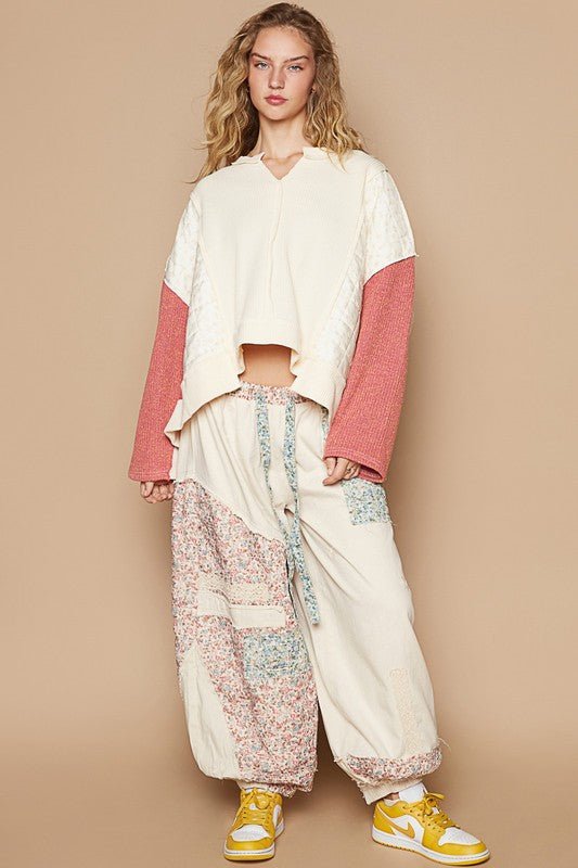 POL - Waffle Knit Long Sleeve Top in Cream Multi