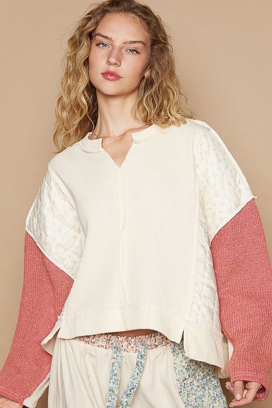 POL - Waffle Knit Long Sleeve Top in Cream Multi