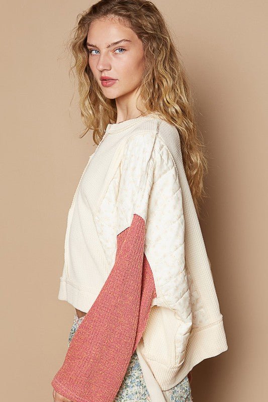 POL - Waffle Knit Long Sleeve Top in Cream Multi