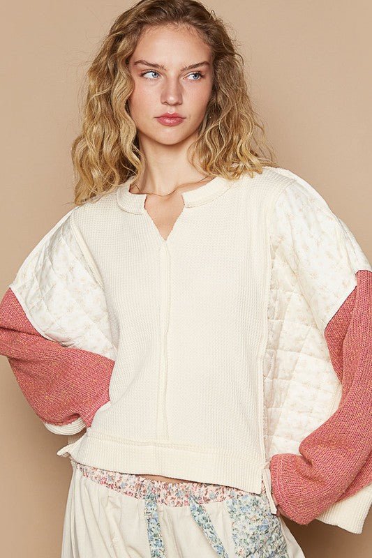 POL - Waffle Knit Long Sleeve Top in Cream Multi