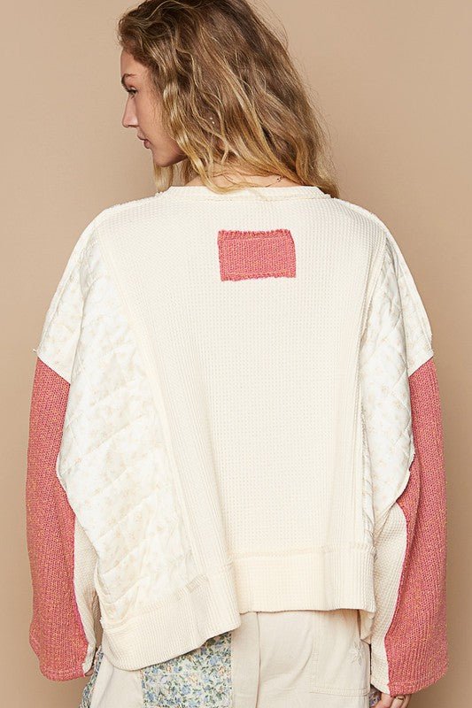 POL - Waffle Knit Long Sleeve Top in Cream Multi