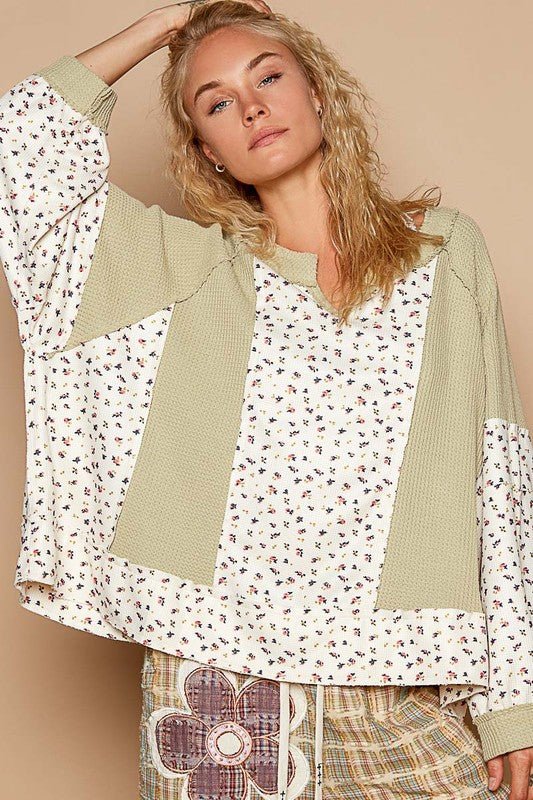 POL - Waffle Knit Top in Sage Floral