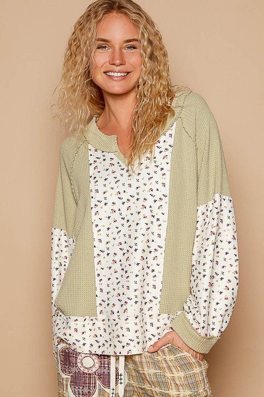 POL - Waffle Knit Top in Sage Floral