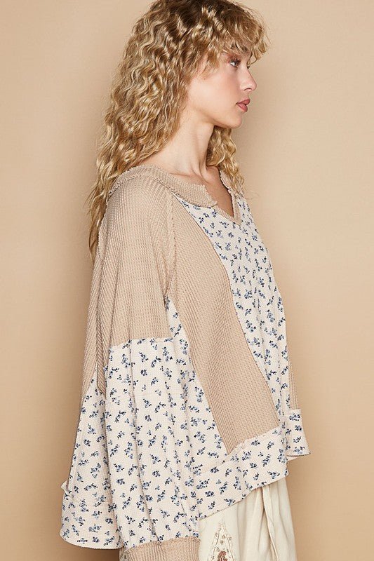 POL - Waffle Knit Top in Tan Floral