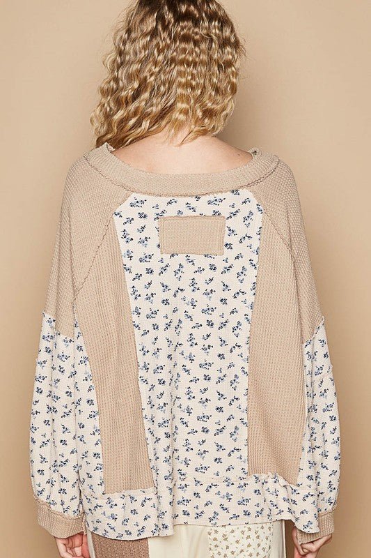 POL - Waffle Knit Top in Tan Floral