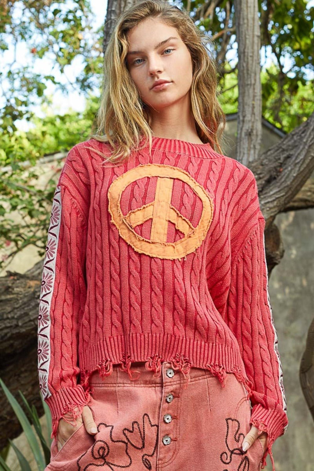 POL - Washed Peace Patch Cable Knit Sweater in Cherry