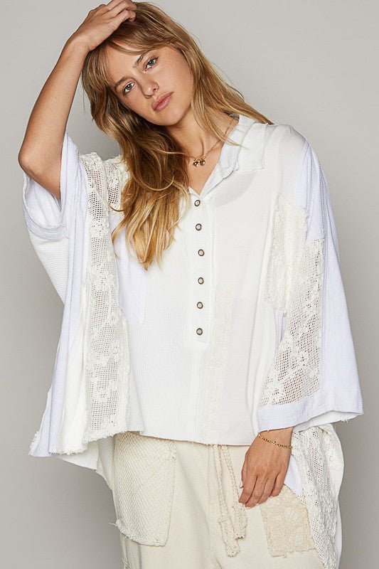 POL - White Crocheted Lace Patchwork Half Button Top