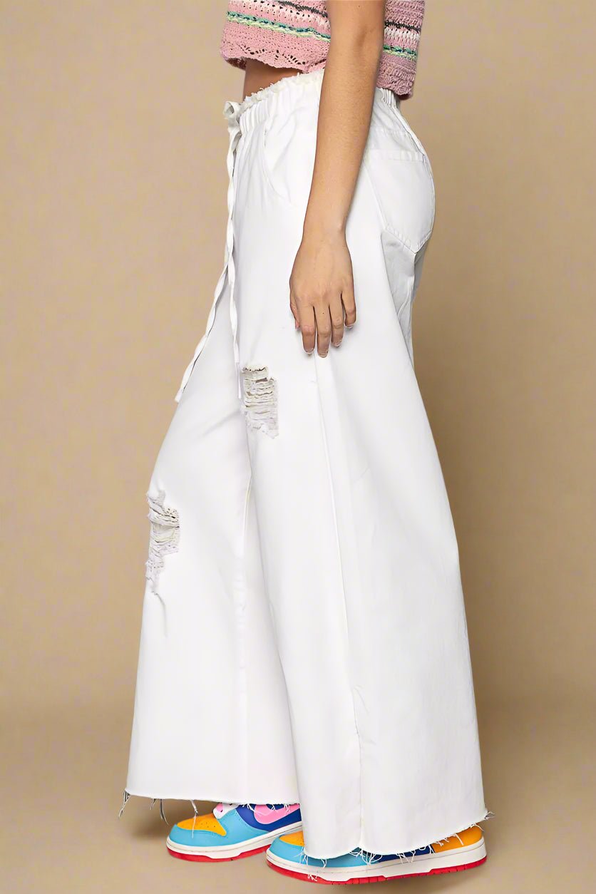 POL - White Distressed Wide Leg Drawstring Pants