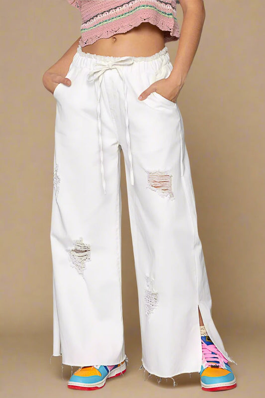 POL - White Distressed Wide Leg Drawstring Pants
