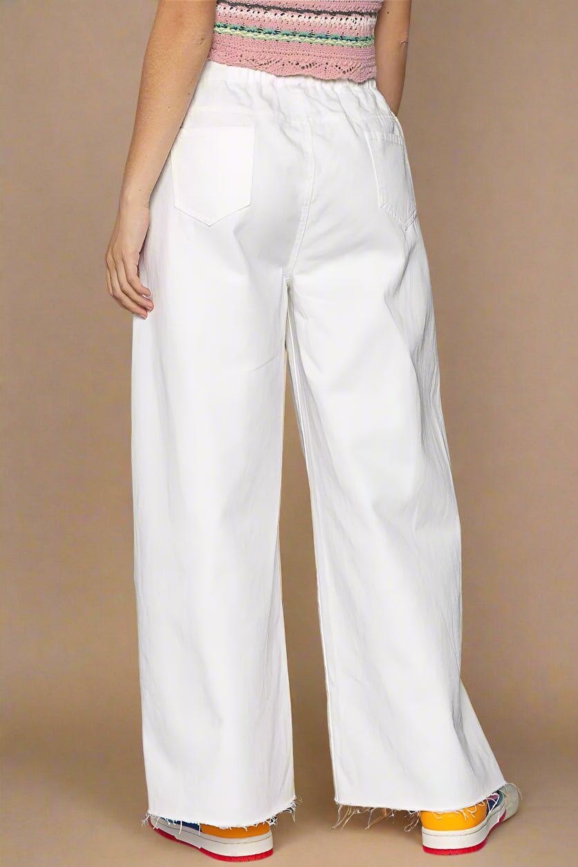 POL - White Distressed Wide Leg Drawstring Pants