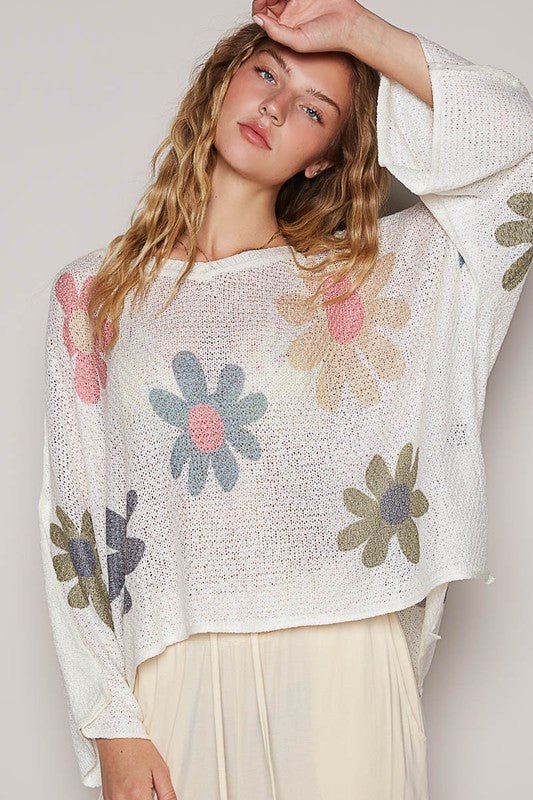 POL - White Flower Print Long Sleeve Knit Top