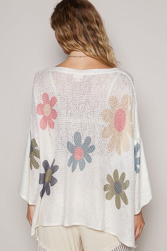 POL - White Flower Print Long Sleeve Knit Top