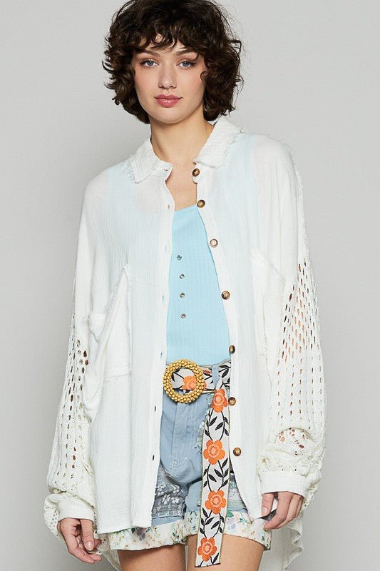 POL - White Openwork Sleeve Button Down Gauze Shirt