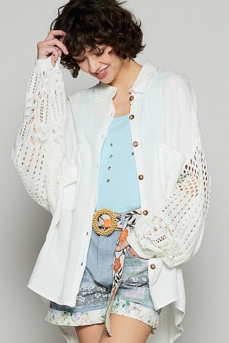 POL - White Openwork Sleeve Button Down Gauze Shirt