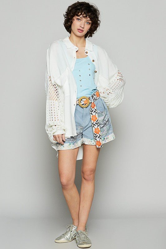 POL - White Openwork Sleeve Button Down Gauze Shirt