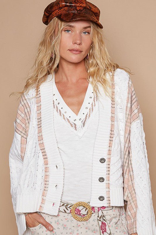 POL - White & Plaid Cable - Knit Button Up Cardigan