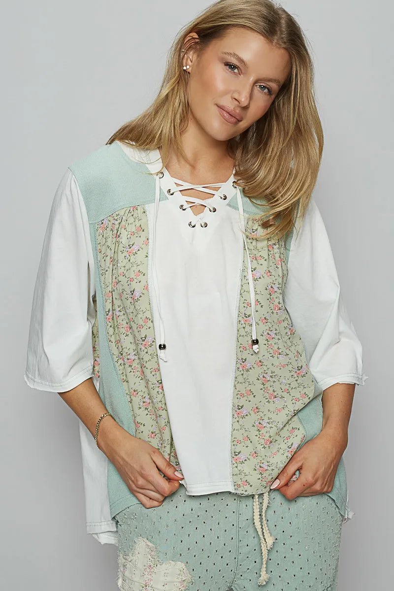 POL - White & Sage Floral Patchwork Hoodie Top
