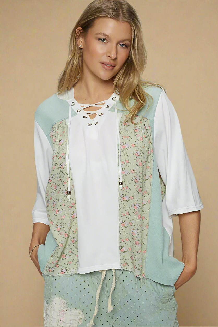 POL - White & Sage Floral Patchwork Hoodie Top