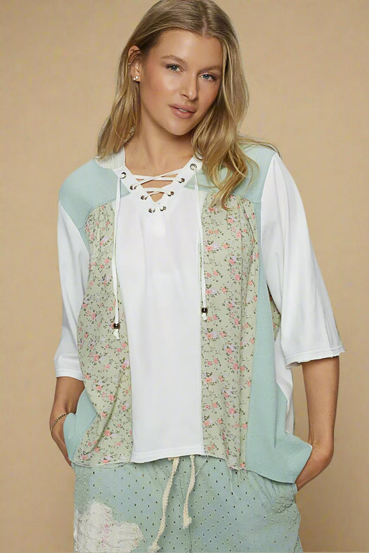 POL - White & Sage Floral Patchwork Hoodie Top