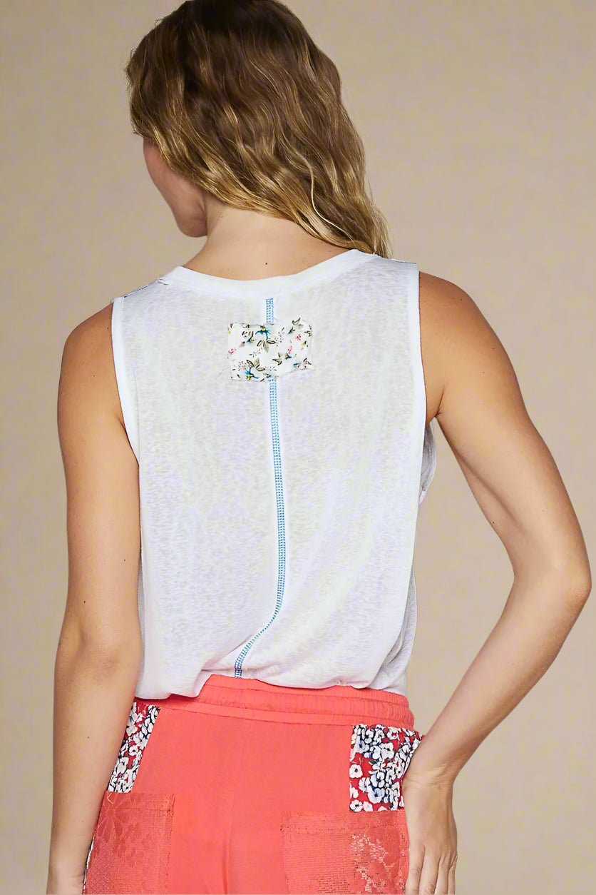 POL - White Sleeveless Pocket Tank with Blue Trim