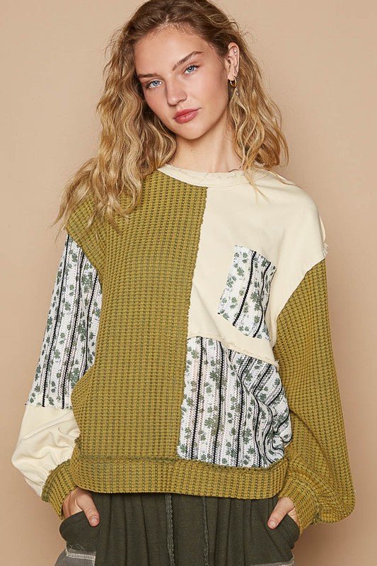 POL - Yellow Green Floral Patchwork Sweatshirt