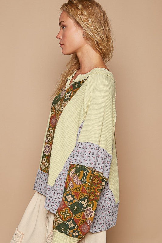 POL - Yellow Green Printed Patchwork Knit Top