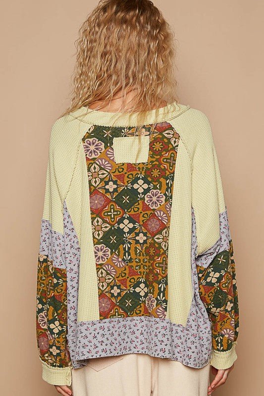 POL - Yellow Green Printed Patchwork Knit Top