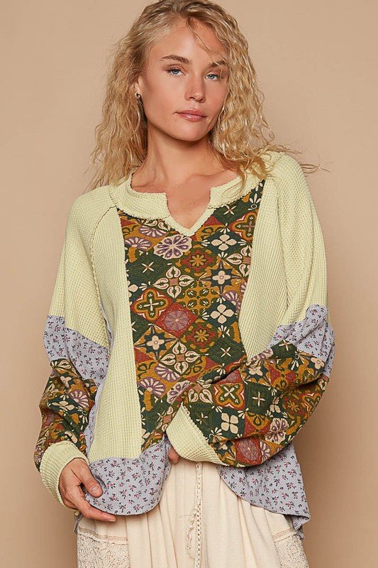 POL - Yellow Green Printed Patchwork Knit Top